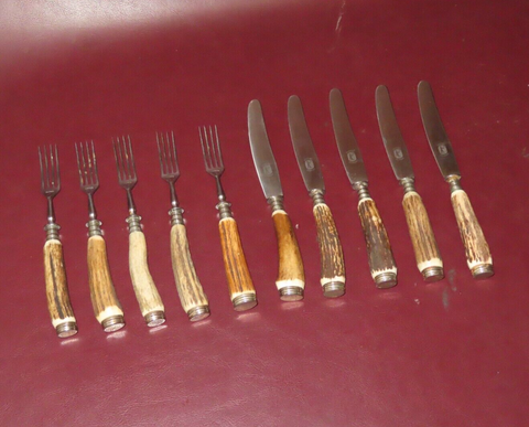 Vintage 10-pc Solingen Rostfrei German Stag Handle Fork & Knife Set - No Case