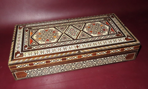 Vintage Middle East Style Ebony Flip Lid Box w/ Assorted Wood & Geometric Inlay