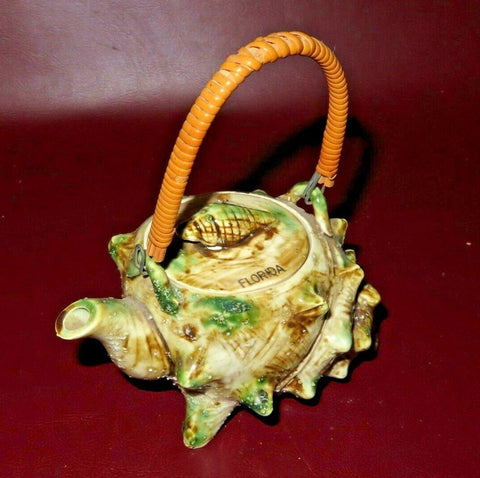 Vintage 6" Florida Souvenir Shell Pottery Tea Pot Cream Pitcher w/ Swivel Handle