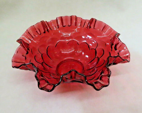 Vintage 9" Fenton Ruby Pink Cranberry Art Glass Wavy Ruffled Lip Center Bowl