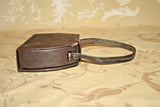 Antique Small Hard Sided 5" Long Brown Leather Handbag Purse w/ Strap