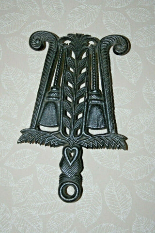 Vintage 9" Long Black Cast Iron Trivet Hot Pot Pan Holder w/ Broom & Heart Decor