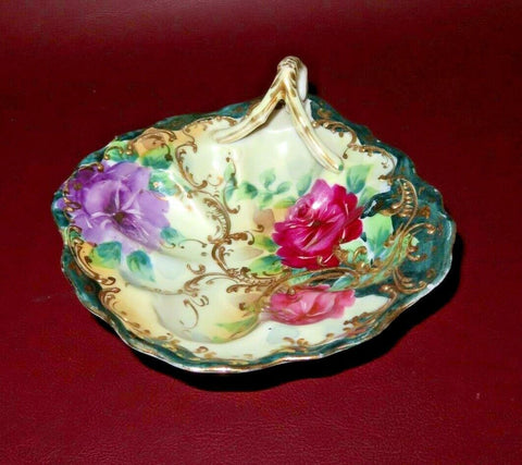 Vintage Ornate European Art Nouveau Style Hand Painted Gilt Porcelain Nappy Dish