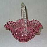 Vintage 10" Fenton Style Cranberry Glass Brides Basket w/ Ruffled Lip & Handle