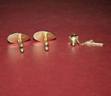 Vintage 3-pc Set Gold Plated 1" Oval Cufflinks & 0.5" Tie Tack w/ Chain