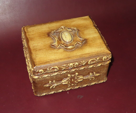 Vintage Hand Carved 6x5" Rectangular Wooden Flip Lid Jewelry Trinket Box