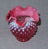 Vintage Fenton Style Round Cranberry & White Hobnail Art Glass Vase w/ Wavy Lip