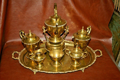 Vintage Mexican Brass 7-pc Coffee & Tea Set w/ Kettle, Pots, Cream & Sugar, Tray