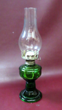 Antique Early 20th Century Small 12" Tall Green Glass Oil Lamp w/ Clear Chimney