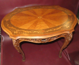 Antique Highly Carved French Marquetry Inlaid Wood Occasional Table w/ Glass Top