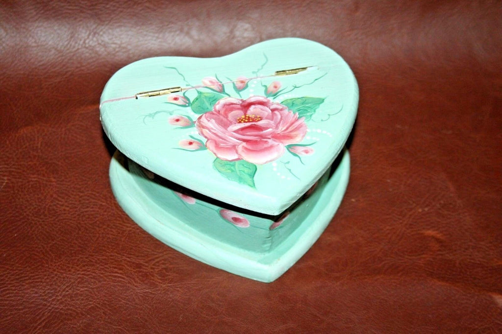 Hand Made Arts & Crafts Painted Signed Flip-Lid Heart Shaped Wooden Jewelry Box