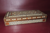 Vintage Middle East Style Ebony Flip Lid Box w/ Assorted Wood & Geometric Inlay