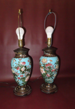 Pair Antique 25" Asian Blue Bird Floral Decor Cloisonne Table Lamps on Wood Base