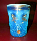 RARE Vintage 4" Translucent Blue Cut Glass & Gilt Christmas Holly Drinking Glass