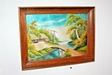 Very Nice Hand Sewn Silk Tapestry w/ 3D Image of Tropical Scene in Oak Frame