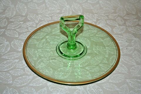 Vintage Early 20th Century Center Handle Green Depression Glass Serving Platter