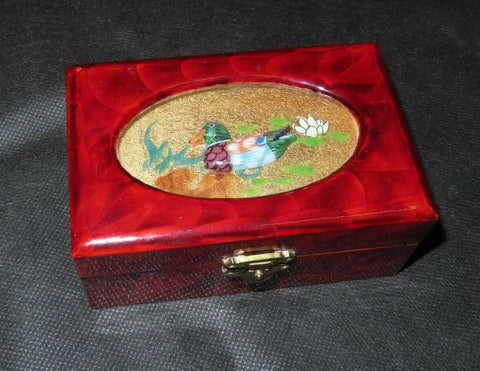 Vintage San You 5" Flip-Lid Red Cork Art Jewelry Box w/ Male Mallard Duck Lid