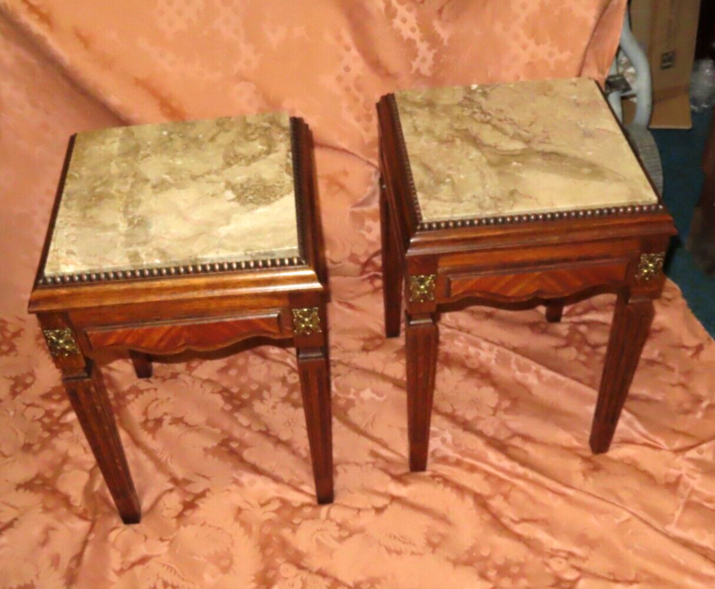 Pair Antique French Carved Oak Marble Top Nightstands w/ Brass Accents c. 1900