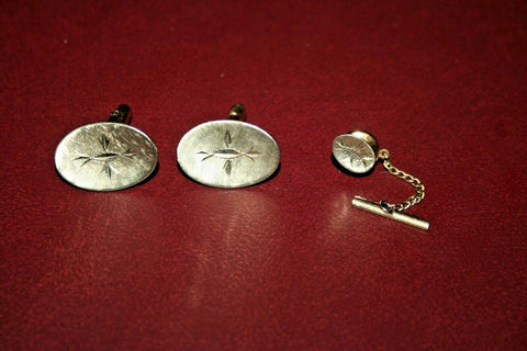 Vintage 3-pc Set Gold Plated 1" Oval Cufflinks & 0.5" Tie Tack w/ Chain