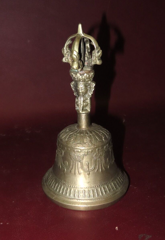 Vintage 6.5" Tall Reproduction Mesoamerican Style Face Handle Brass Table Bell