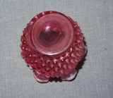 Vintage Fenton Style Round Cranberry & White Hobnail Art Glass Vase w/ Wavy Lip