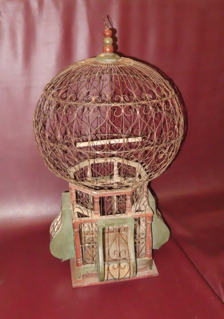 Antique Classic 34" Tall Lg Round Wire & Wooden Hanging Bird Cage w/ Swing Perch