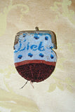 Antique Small Blue German Beaded Coin Purse - Aus Liebe "Of Love" - Sold As-Is