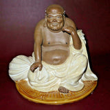 Vintage Chinese Signed Hand Sculpted 8" Beaded & Glazed Bisque Buddha Sculpture