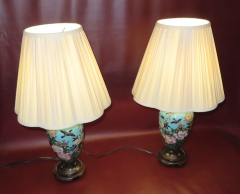 Pair Antique 25" Asian Blue Bird Floral Decor Cloisonne Table Lamps on Wood Base