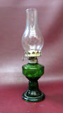 Antique Early 20th Century Small 12" Tall Green Glass Oil Lamp w/ Clear Chimney