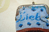 Antique Small Blue German Beaded Coin Purse - Aus Liebe "Of Love" - Sold As-Is