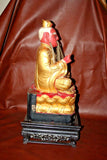 Antique Chinese Gilt Wood Carved 25" Cai Shen Wealth God Buddha Statue on Base