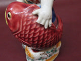 Vintage 6" Tall Japanese Hand Painted Buddha Figure w/ Large Fish - Finger Chips