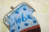 Antique Small Blue German Beaded Coin Purse - Aus Liebe "Of Love" - Sold As-Is