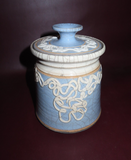 Vintage 7" Tall Blue & White Turned & Glazed Crackle Pottery Lidded Cookie Jar