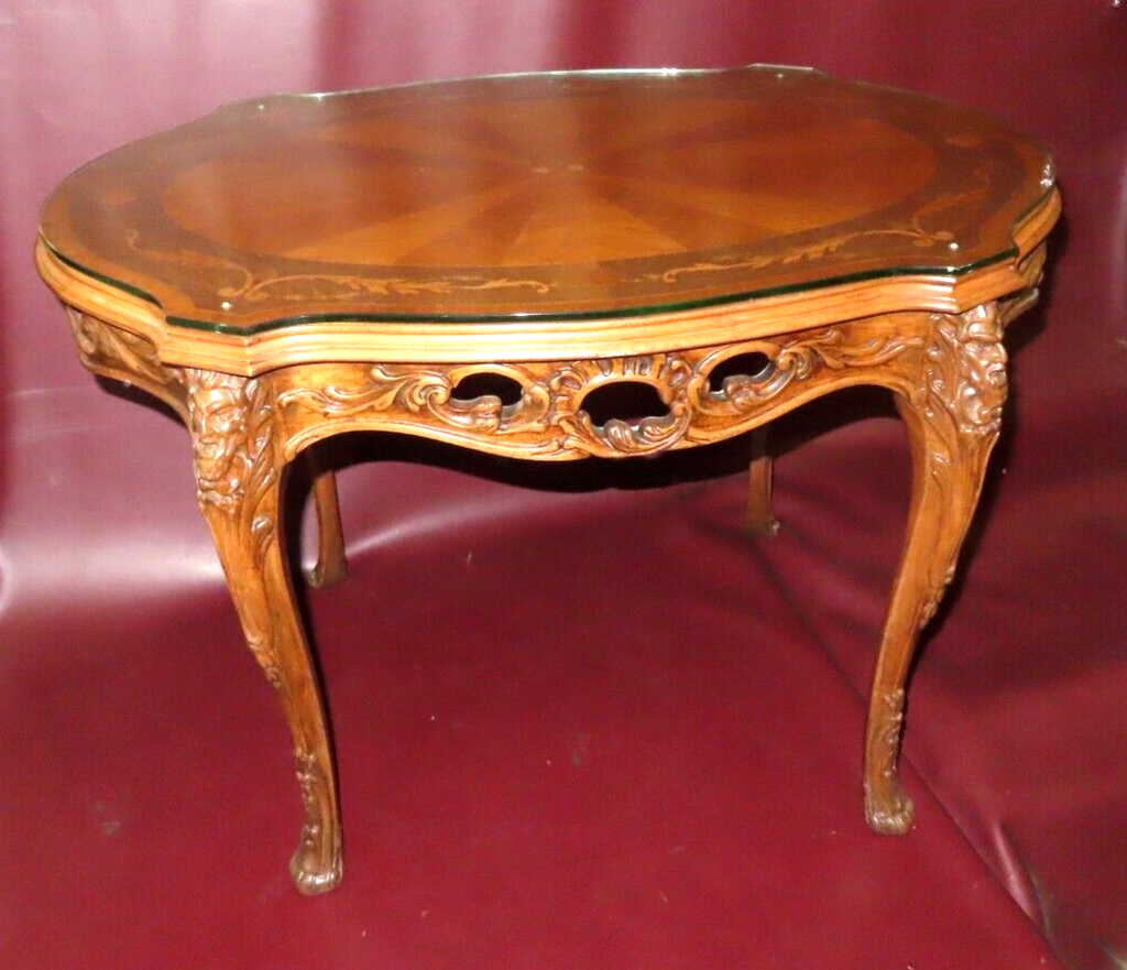 Antique Highly Carved French Marquetry Inlaid Wood Occasional Table w/ Glass Top