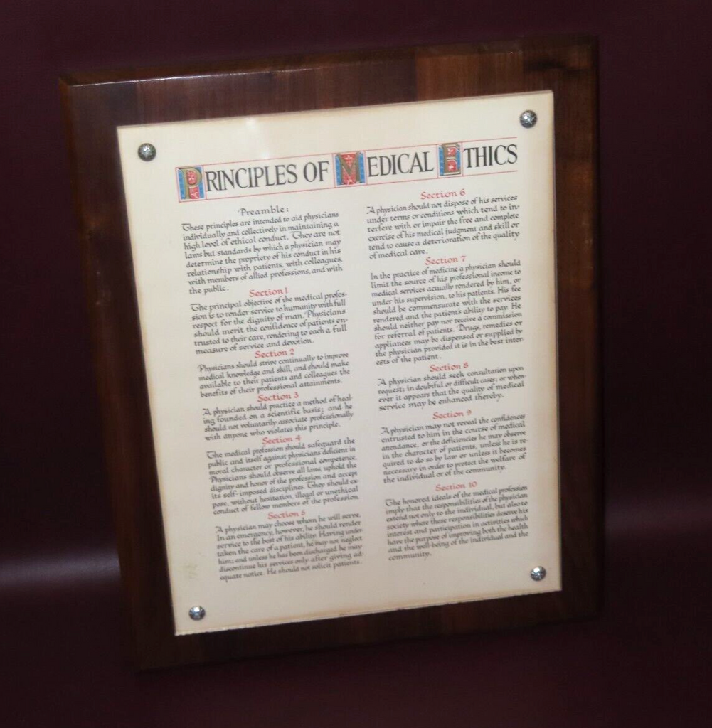 Vintage 13x10" Wood & Plexiglass Framed "Principles of Medical Ethics" Print