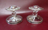 Antique Pair 3.5" Clear Glass Candlestick Holders w/ Leafy Silver Overlay Decor