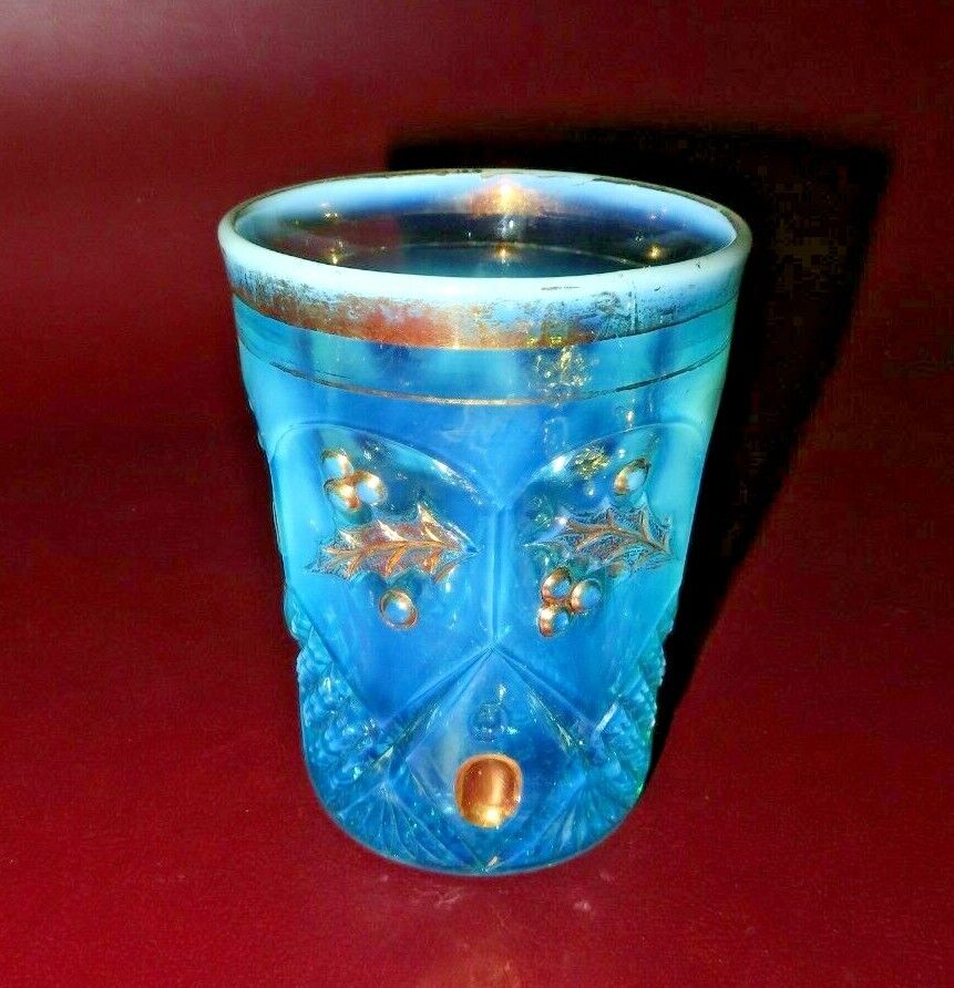 RARE Vintage 4" Translucent Blue Cut Glass & Gilt Christmas Holly Drinking Glass