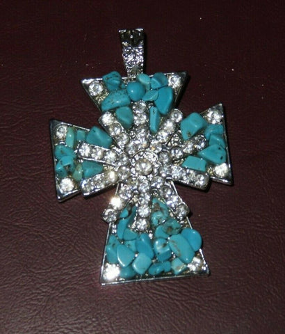 Vintage 2x3" Large Costume Jewelry Rhinestone & Turquoise Pendant