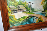 Very Nice Hand Sewn Silk Tapestry w/ 3D Image of Tropical Scene in Oak Frame