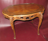 Antique Highly Carved French Marquetry Inlaid Wood Occasional Table w/ Glass Top