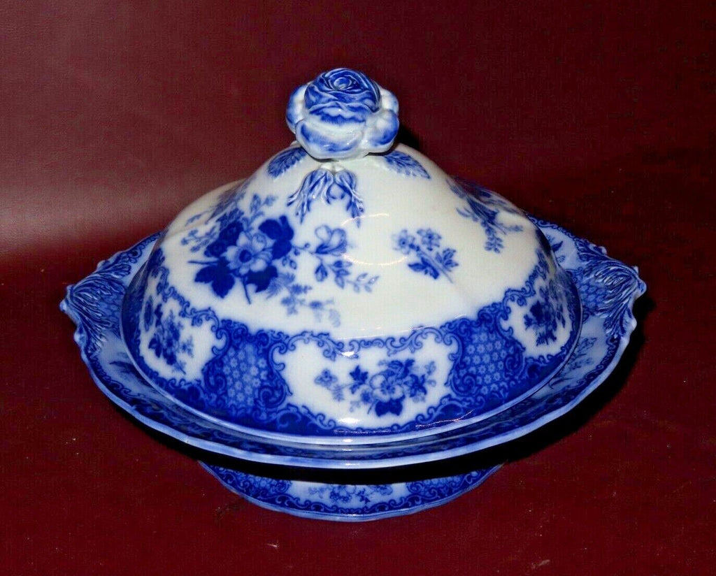 Antique William & Brownfield 11" Flow Blue English Viola Pattern Covered Dish