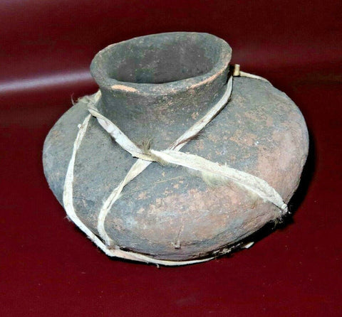 Primitive 6" Hand Made Native Latin American Type Rawhide Wrap Pottery Vase Bowl