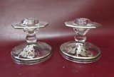 Antique Pair 3.5" Clear Glass Candlestick Holders w/ Leafy Silver Overlay Decor