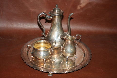 Vintage 4-pc International Silverplate Tea Set w/ Teapot, Cream, Sugar, and Tray