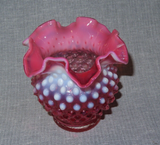 Vintage Fenton Style Round Cranberry & White Hobnail Art Glass Vase w/ Wavy Lip