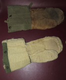 Vintage Pair WWII Era Military Fur Canvas Leather Arctic Mittens w/ Wool Liners