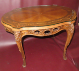 Antique Highly Carved French Marquetry Inlaid Wood Occasional Table w/ Glass Top