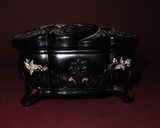 Vintage Fenton Black Glass Heart Shaped Trinket Box Hand Painted by A. Russell
